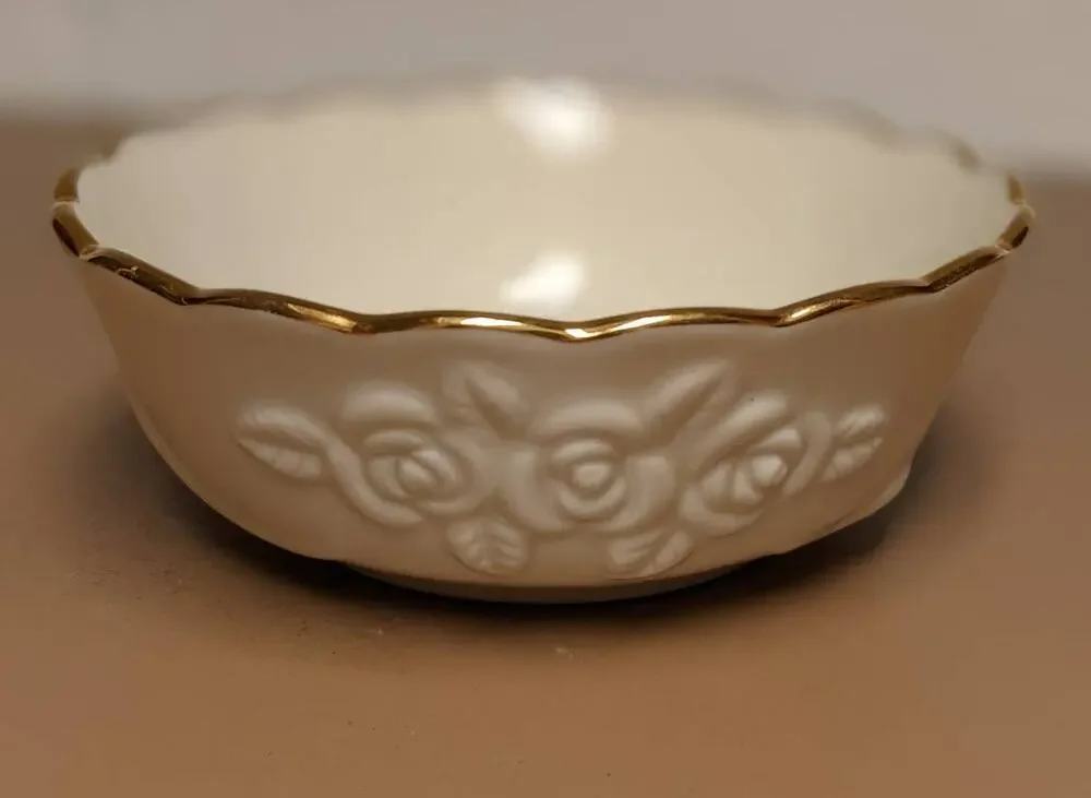Lenox Vintage Porcelain Rose Bowl with Gold Metal Rim Cream Color Shallow Dish